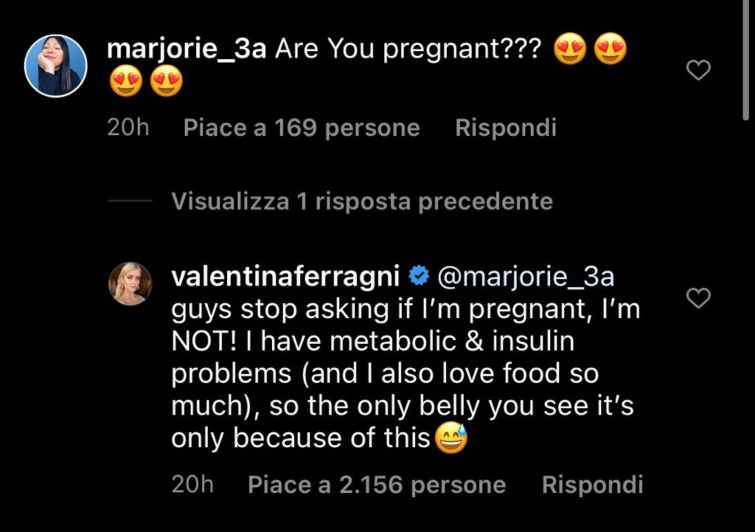 Valentina Ferragni Screenshot commenti Instagram