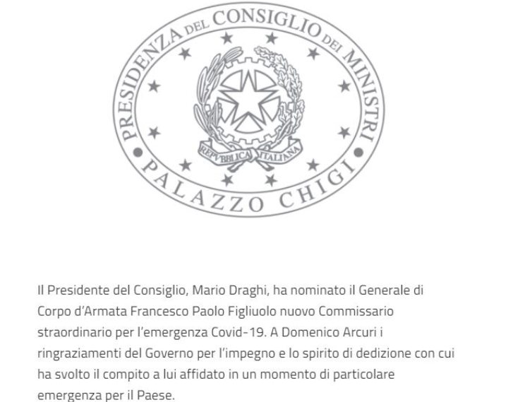 Palazzo Chigi nomina Figliuolo commissario per l'emergenza covid