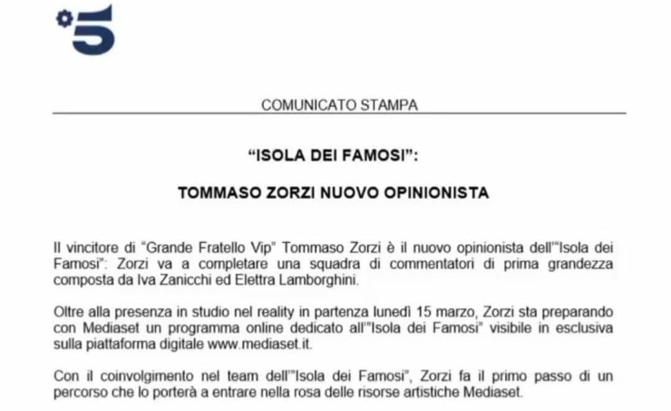 Comunicato su Tommaso Zorzi