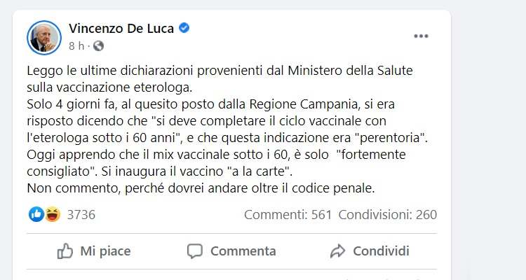 Vincenzo De Luca post Facebook