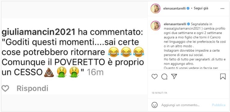 Elena Santarelli messaggio Instagram stalker