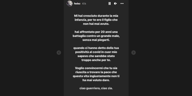 Fedez annuncia lutto zia storia Instagram