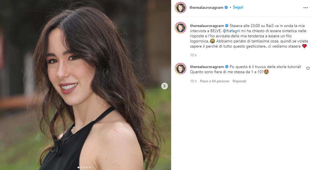 Aurora Ramazzotti post Instagram parla di Belve ospite