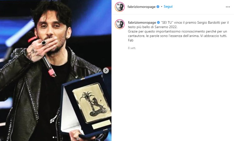 Fabrizio Moro Sanremo 2022 premio