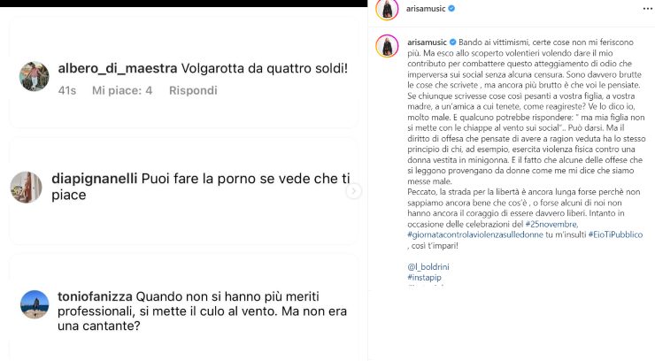 Arisa post insulti Instagram 25-11-2022 bloglive