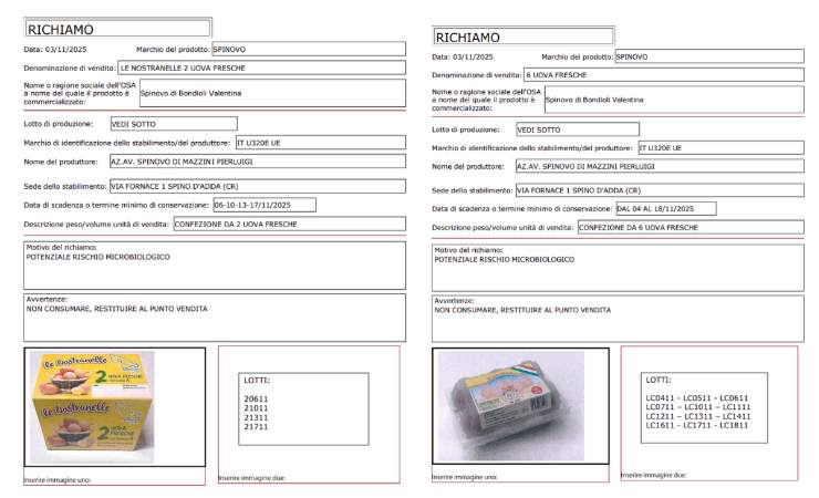 richiami alimentari del Ministero Uova Spinovo
