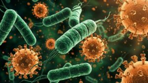 Illustrazione 3D di batteri verdi a forma di bastoncello con flagelli e virus sferici arancioni con punte proteiche in un ambiente microscopico.