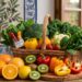Cesto in vimini colmo di alimenti ricchi di vitamina C tra cui peperoni, kiwi, arance, broccoli e fragole su un tavolo di legno.
