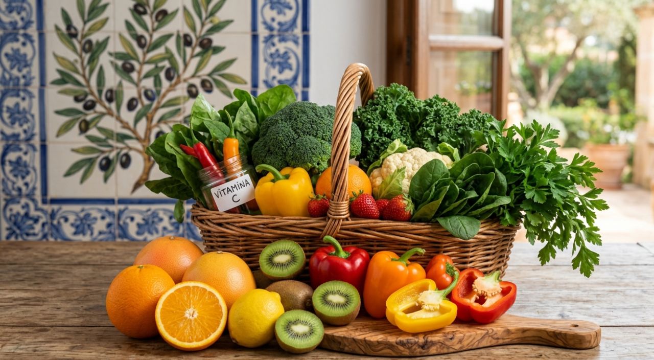 Cesto in vimini colmo di alimenti ricchi di vitamina C tra cui peperoni, kiwi, arance, broccoli e fragole su un tavolo di legno.